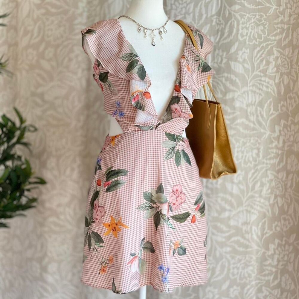 Pretty by Rory Pink‎ Gingham Ruffle Floral Cut-Out Mini Dress Cottagecore Size S